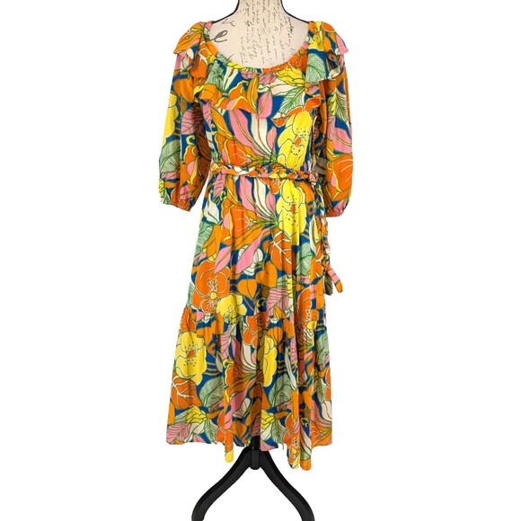J. CREW Dress SZ XXS Cotton BOLD Floral Boho Prairie Peasant Long Tiered - Picture 1 of 15